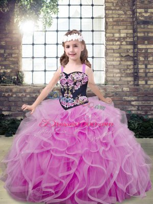Straps Sleeveless Tulle Kids Pageant Dress Embroidery and Ruffles Lace Up