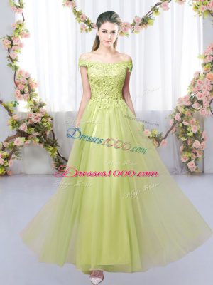 Trendy Empire Dama Dress Yellow Green Off The Shoulder Tulle Sleeveless Floor Length Lace Up