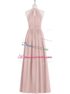 A-line Prom Gown Baby Pink Halter Top Chiffon Sleeveless Floor Length Zipper