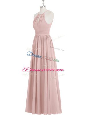 A-line Prom Gown Baby Pink Halter Top Chiffon Sleeveless Floor Length Zipper