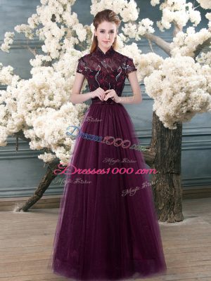 High-neck Short Sleeves Prom Evening Gown Floor Length Beading and Appliques Purple Tulle