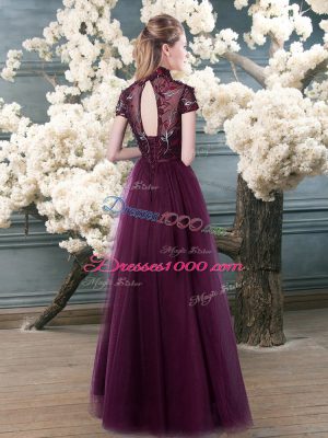 High-neck Short Sleeves Prom Evening Gown Floor Length Beading and Appliques Purple Tulle