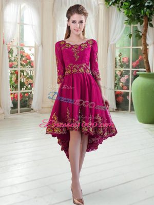 Fitting Scoop Long Sleeves Satin Prom Dress Embroidery Lace Up