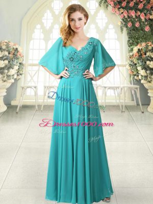 Dynamic V-neck Half Sleeves Prom Dress Floor Length Sweep Train Beading and Lace Aqua Blue Chiffon