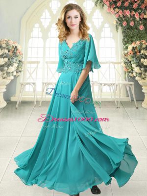 Dynamic V-neck Half Sleeves Prom Dress Floor Length Sweep Train Beading and Lace Aqua Blue Chiffon