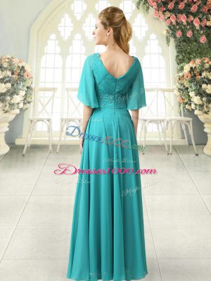 Dynamic V-neck Half Sleeves Prom Dress Floor Length Sweep Train Beading and Lace Aqua Blue Chiffon