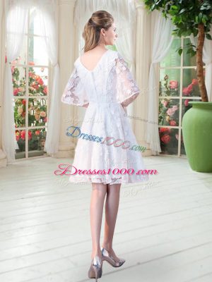 White Zipper Prom Gown Lace Half Sleeves Knee Length