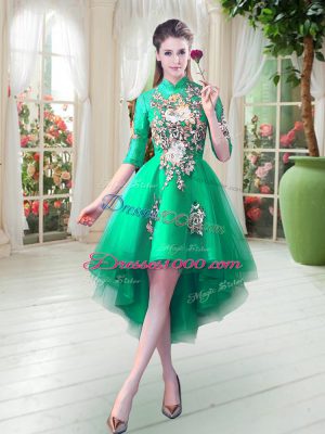 Turquoise Party Dress for Girls Prom and Party with Appliques High-neck Half Sleeves Zipper