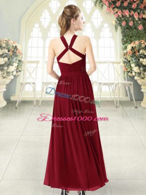 Floor Length Burgundy Juniors Party Dress Chiffon Sleeveless Ruching