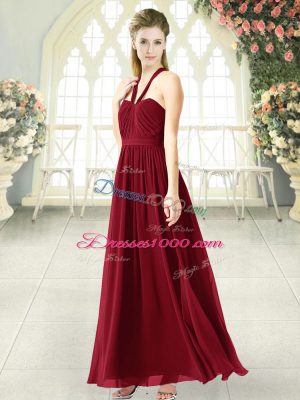 Floor Length Burgundy Juniors Party Dress Chiffon Sleeveless Ruching