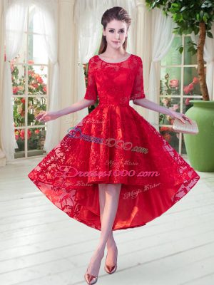 Red Zipper Scoop Lace Prom Gown Half Sleeves