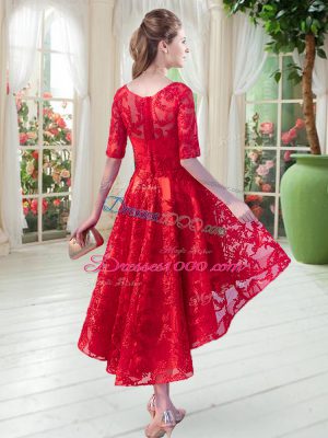 Red Zipper Scoop Lace Prom Gown Half Sleeves