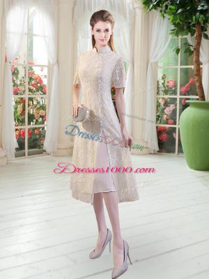 Fine Tea Length Champagne Dress for Prom Short Sleeves Lace