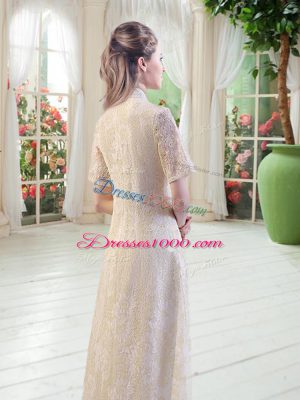 Fine Tea Length Champagne Dress for Prom Short Sleeves Lace