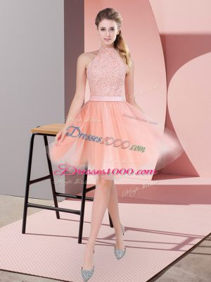 Peach High-neck Neckline Beading Prom Party Dress Sleeveless Zipper