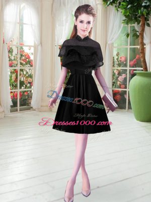 Noble Knee Length Black Prom Dresses High-neck Short Sleeves Zipper