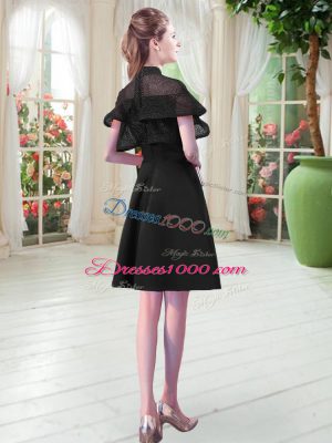 Noble Knee Length Black Prom Dresses High-neck Short Sleeves Zipper