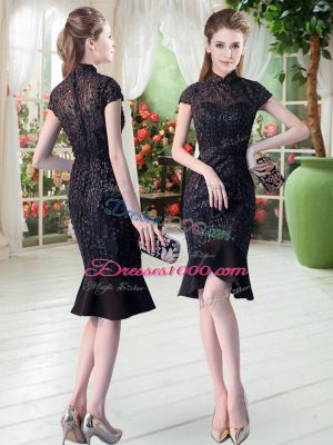 Short Sleeves Knee Length Lace Zipper Prom Party Dress with Black