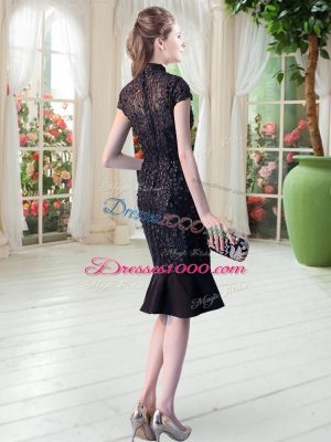 Short Sleeves Knee Length Lace Zipper Prom Party Dress with Black