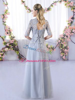 Cheap Floor Length Grey Vestidos de Damas High-neck Half Sleeves Lace Up