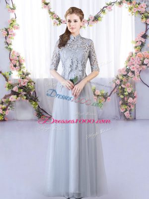 Cheap Floor Length Grey Vestidos de Damas High-neck Half Sleeves Lace Up