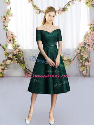 Custom Fit Dark Green Short Sleeves Lace Bridesmaids Dress for Prom and Party and Wedding Party