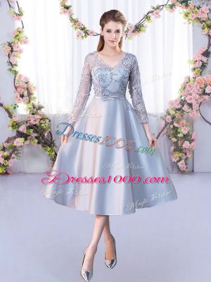 Tea Length Silver Wedding Guest Dresses Satin 3 4 Length Sleeve Lace