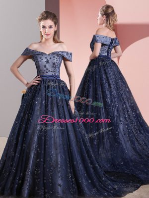 Hot Selling Navy Blue Tulle Lace Up Prom Party Dress Sleeveless Court Train Beading