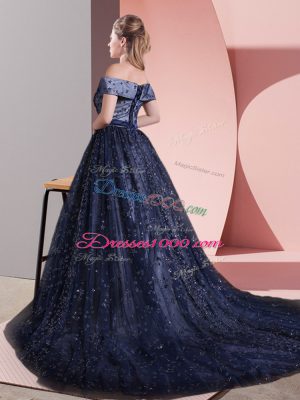 Hot Selling Navy Blue Tulle Lace Up Prom Party Dress Sleeveless Court Train Beading