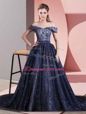 Hot Selling Navy Blue Tulle Lace Up Prom Party Dress Sleeveless Court Train Beading