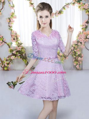 Dazzling Lavender V-neck Zipper Belt Bridesmaid Dress Half Sleeves