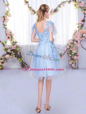 Light Blue Lace Up V-neck Appliques Vestidos de Damas Tulle Short Sleeves