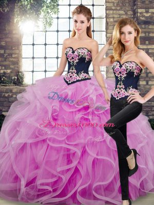 Dazzling Floor Length Lace Up Ball Gown Prom Dress Lilac for Military Ball and Sweet 16 and Quinceanera with Embroidery and Ruffles Sweep Train