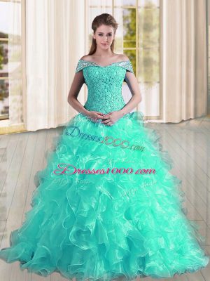 Exceptional Off The Shoulder Sleeveless Quinceanera Gowns Sweep Train Beading and Lace and Ruffles Turquoise Organza