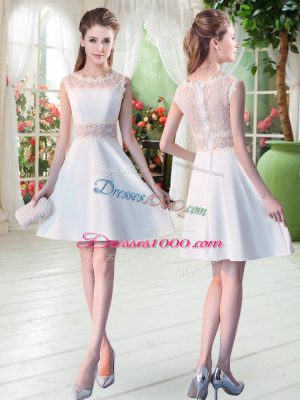 Mini Length White Evening Dress Satin Sleeveless Lace