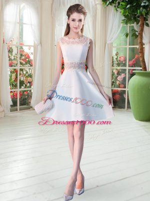 Mini Length White Evening Dress Satin Sleeveless Lace