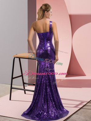One Shoulder Sleeveless Sequined Prom Evening Gown Beading and Appliques Sweep Train Lace Up