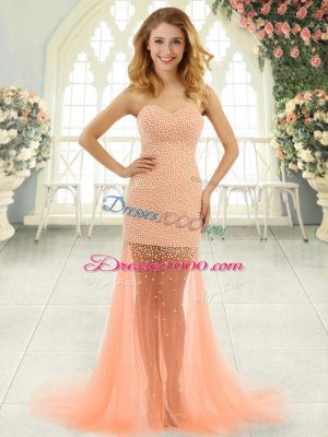 Orange and Peach Tulle Zipper Sweetheart Sleeveless Prom Dress Brush Train Beading