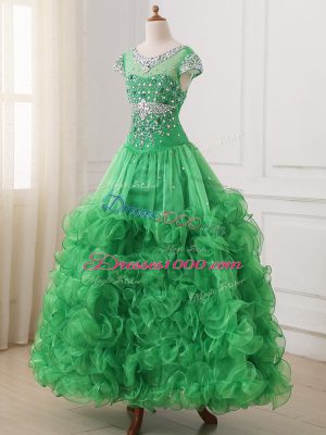 V-neck Cap Sleeves Pageant Dress Wholesale Floor Length Beading and Ruffles Green Organza