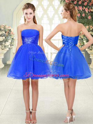 Mini Length Blue Prom Gown Strapless Sleeveless Lace Up