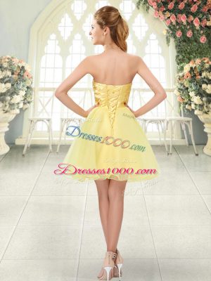 Yellow A-line Strapless Sleeveless Organza Mini Length Lace Up Beading Homecoming Dress