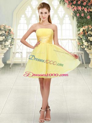 Yellow A-line Strapless Sleeveless Organza Mini Length Lace Up Beading Homecoming Dress