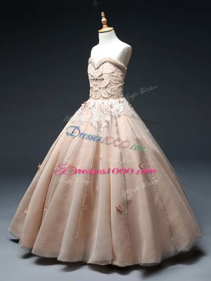 Beading and Appliques Pageant Dress for Girls Pink Lace Up Sleeveless Floor Length