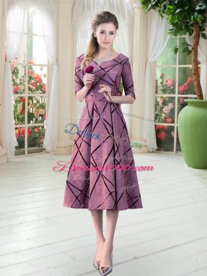 Ideal Scoop Half Sleeves Evening Dress Tea Length Ruching Pink