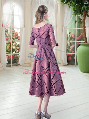 Ideal Scoop Half Sleeves Evening Dress Tea Length Ruching Pink