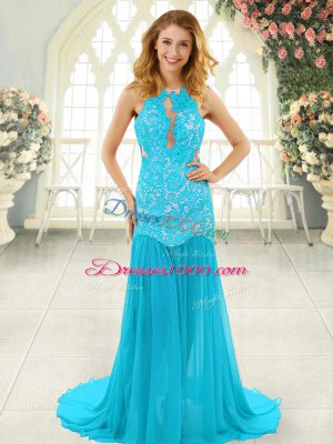 Aqua Blue Prom and Party with Lace Scoop Sleeveless Brush Train Backless