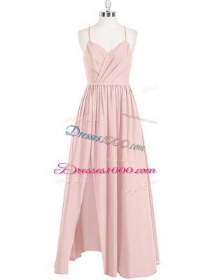 Enchanting Pink Chiffon Criss Cross Sleeveless Floor Length Ruching