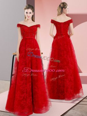 Custom Design Red Sleeveless Sweep Train Beading and Lace Prom Evening Gown