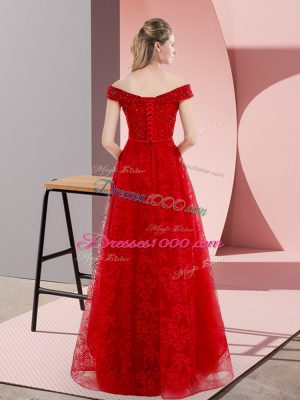 Custom Design Red Sleeveless Sweep Train Beading and Lace Prom Evening Gown