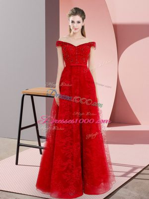 Custom Design Red Sleeveless Sweep Train Beading and Lace Prom Evening Gown